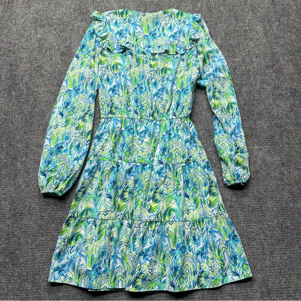 Lilly Pulitzer Dress Womens XS Green Floral Print Boho Shift Long Sleeve Ruffle - Picture 2 of 9